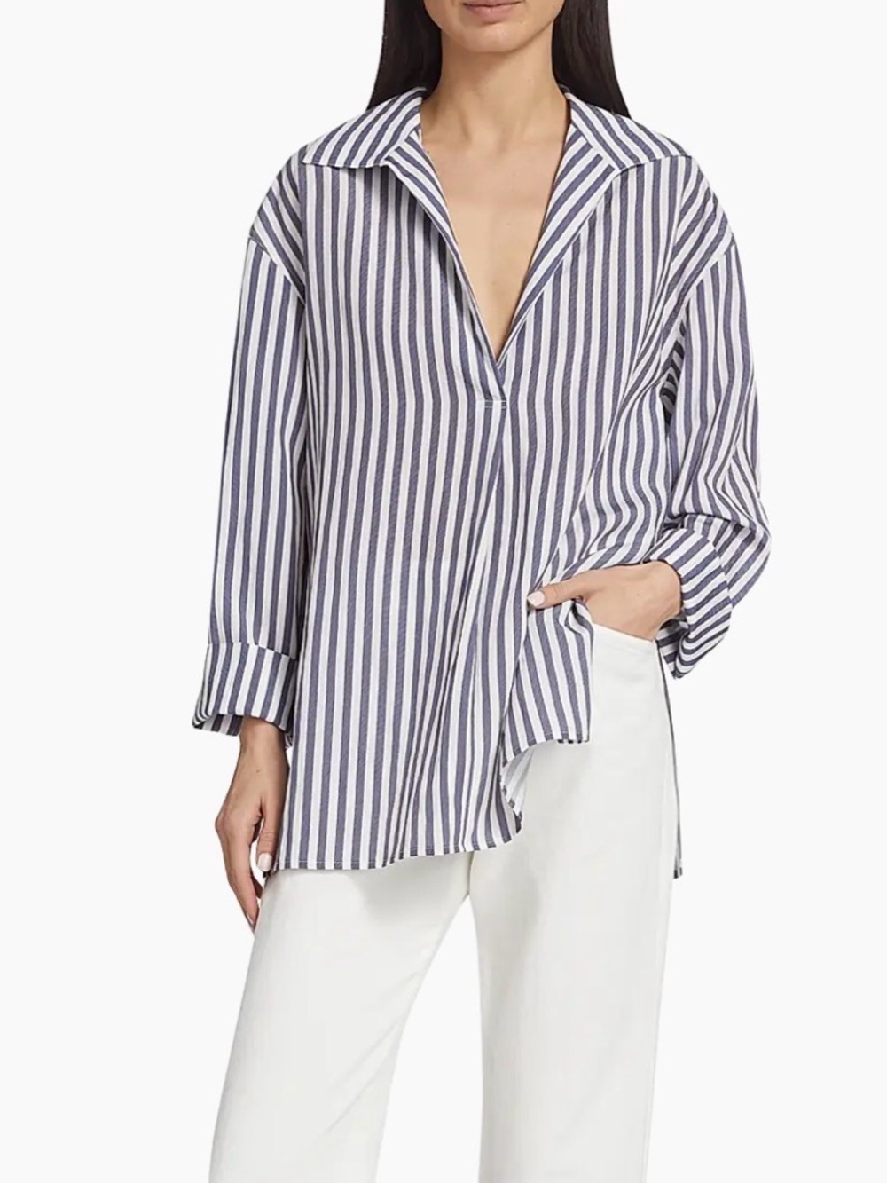 Vince Coast Stripe Oversized Shirt Blue White Coastal Optic Collar - Size Medium